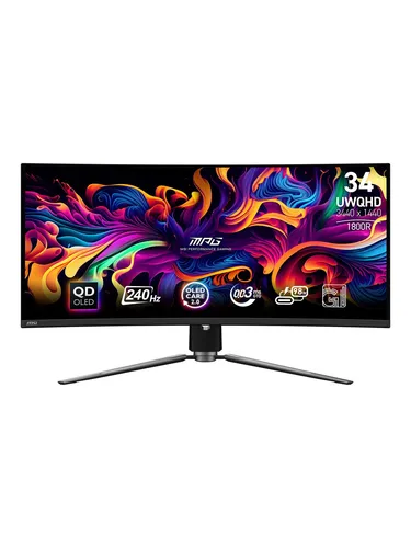 MSI MPG 341CQPX QD-OLED Gaming-Monitor - Monitore mit 34 Zoll, UWQHD, 240 Hz und 0,03 ms Reaktionszeit für flüssiges Gameplay. Die Quantum Dot-Technologie sorgt für lebendige Farben und die OLED Care 2.0 minimiert das Risiko des Einbrennens.
