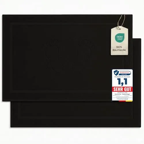 Komfortec Badvorleger Set 2 Teilig, Frottee Duschvorleger, Waschbar Duschmatte & Badteppich, 800 g/m² &100% Baumwolle, Saugfähig & Schnelltrocknend, 50 x 80 cm, Schwarz