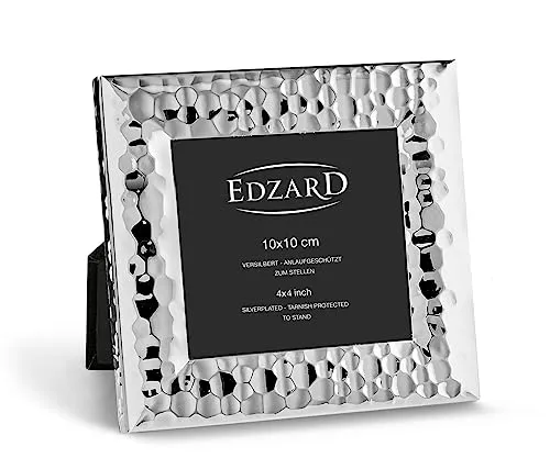EDZARD Bilderrahmen Gubbio (für Foto 10 x 10 cm), edel versilbert, anlaufgeschützt, gehämmert, mit Samtrücken, mit Aufhänger, zum Stellen und Hängen – Fotorahmen 10x10, Silberrahmen, Geschenk Hochzeit