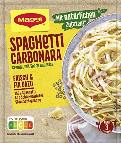 MAGGI Fix für Spaghetti Carbonara - Würzmischung für eine gelingsichere, herzhafte Carbonara mit Speck und Käse. Ideal für 3 Portionen – einfach frische Zutaten hinzufügen und genießen!