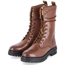 Bullboxer Damen Stiefelette 6YY0870201 in Cognac/Leopard - Elegante Leder-Stiefelette für Damen mit Blockabsatz und kombinierter Schnür- und Reißverschluss. Ideal für modische Auftritte und den täglichen Komfort.