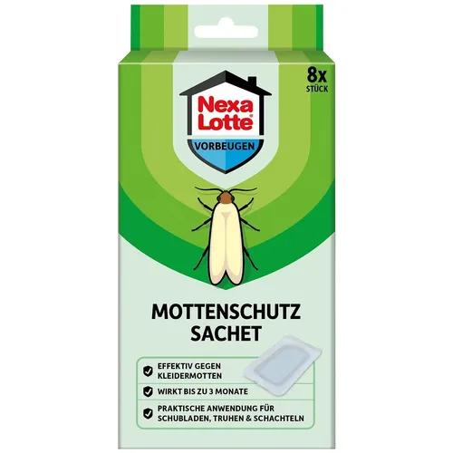 Nexa-Lotte Mottenfalle Sachet, 8 Stück für effektiven Mottenschutz - Duftsack mit angenehmem Geraniol-Duft, ideal für Schränke und Schubladen. Insektizidfrei und bis zu 3 Monate wirksam – für einen frischen Duft und Schutz vor Kleidermotten.