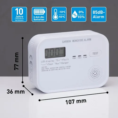 GRUNDIG Kohlenmonoxid Detektor KD-218A - Gasmelder mit digitalem Display für einfache Ablesbarkeit, 10 Jahre Sensorlebensdauer und Alarm über 85 dB, ideal für Sicherheit in Wohnbereichen und Industrie.