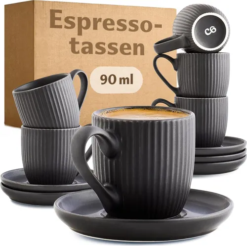 Cosumy Espressotasse 6er Set, Farbig Matt mit Streifendesign - Espressotassen Set aus Keramik mit einzigartigem Streifenmuster - 90ml, spülmaschinen- und mikrowellenfest. Elegantes Matt-Finish für stilvolle Espresso-Momente und perfekten Genuss!