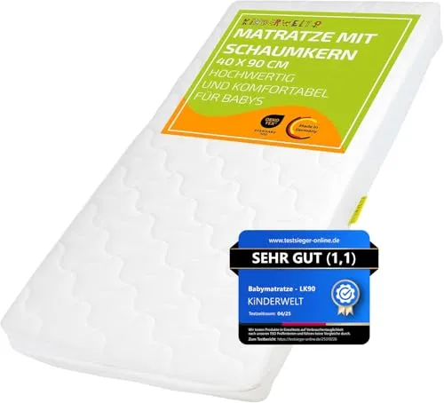 KiNDERWELT Babymatratze 40 x 90 cm - Hochwertige Schaumkernmatratze mit 10 cm Höhe für besten Schlafkomfort und optimale Druckentlastung. Der gesteppten Bezug sorgt für ein gesundes Schlafklima und ist leicht abnehmbar.