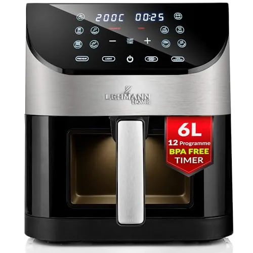 Lehmann 6L Heißluftfritteuse mit Sichtfenster - Fritteuse mit 6L Fassungsvermögen, 1500W Leistung und 10 Programmen für gesundes Kochen ohne Öl, ideal für große Familienmahlzeiten.