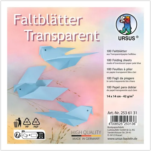 100x URSUS Faltblatt Papier Faltblätter Transparent HELL BLAU 14cm durchgefärbt