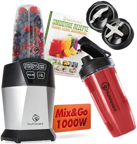 NUTRI-BLENDER 1000 Watt Smoothie-Maker to go - Kompakter Hochleistungsmixer mit 30.000 U/min für cremige Smoothies. Inkl. Rezeptbuch, 2x BPA-freie Becher und spezielles Mahlmesser für Nüsse. Ideal für gesunde Zubereitung unterwegs!