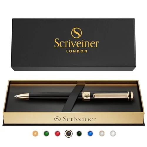 Scriveiner Kugelschreiber Hochwertiger Kugelschreiber Metallic Schwarz mit 24 Karat Gold Details, schwarze Schmidt Mine, Geschenkbox, Büro set, Schöne Professionelle Kugelschreiber