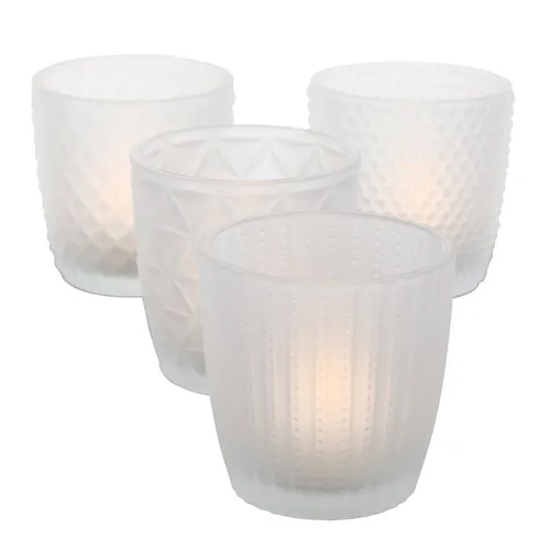 4tlg. Windlicht MARILU transparent milchig Milchglas Muster geriffelt Glas 7,5cm