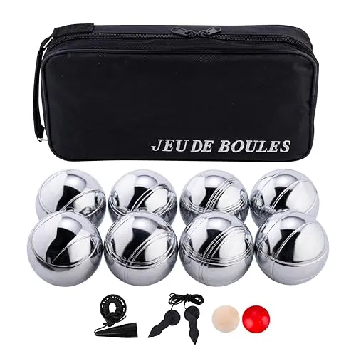 Boule Kugeln Set in schwarzer Reißverschlusstasche - Boccia & Boule Set mit 8 hochwertigen Metallkugeln, inklusive Zielkugel und Maßband, perfekt für spannende Spiele im Freien.