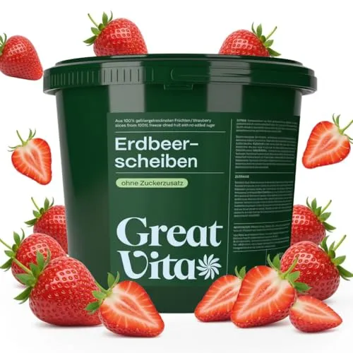 GreatVita Gefriergetrocknete Erdbeeren 2x 400g - Knusprige Erdbeerscheiben ohne Zuckerzusatz - Gefriergetrocknete Früchte - Freeze-Dried Strawberries - Snack & Topping für Müsli, Joghurt & Smoothies