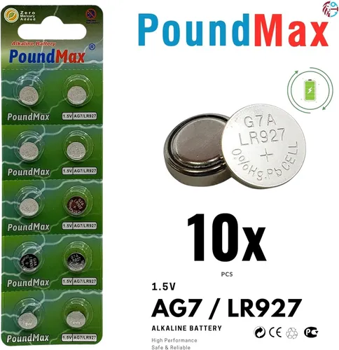 10x AG7 PoundMax Alkaline Knopfzelle/Uhren LR927 LR57 395 399 SR927W SR57 1,5V