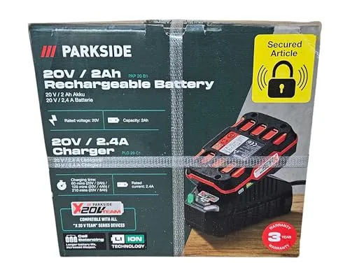 Parkside 20 V Lithium-Ionen-Akku (PAP 20 B1) mit Ladegerät (PLG 20 C1) - Werkzeugakkus mit Zellenausgleich für längere Laufzeit, inklusive Schnellladegerät für volle Leistung in nur 60 Minuten. Ideal für alle Parkside X 20V Team Werkzeuge.