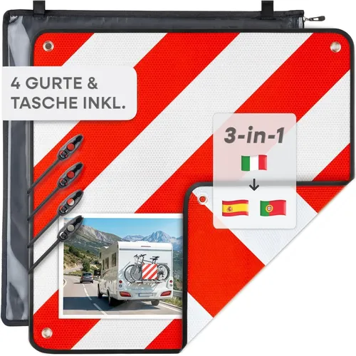 Prowiste Hinweisschild Warnzeichen 50x50 cm - ECE R70 geprüfte Warntafel aus robustem Aluminium für Italien, Spanien & Portugal. Wetterfest und mit einfacher Montage durch Spanngurte – ideal für Reisen mit überstehender Ladung.