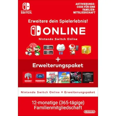Nintendo NSO plus Expansion Pack 365 Tage Family - Nintendo Switch Online Mitgliedschaft mit Zugriff auf Nintendo 64-, Game Boy Advance- und SEGA Mega Drive-Klassiker, ideal für Familien mit bis zu 8 Accounts.