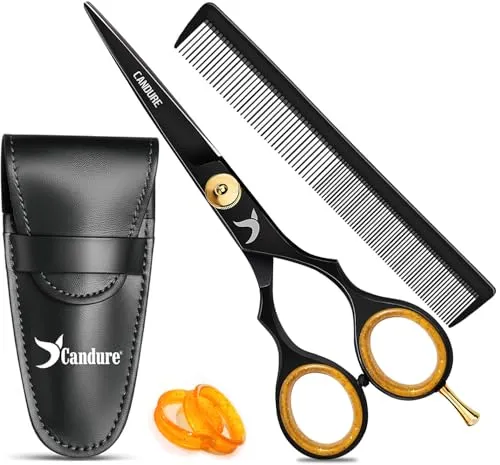 Candure Friseurschere met Kam & Leren Etui 6.5" – Haarschneideschere voor Professionele Kappers, Barbiers & Persoonlijk Gebruik voor Volwassenen en Kinderen (Zwart)