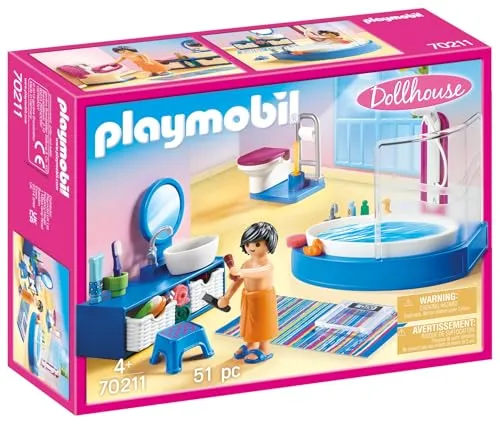PLAYMOBIL Dollhouse 70211 Badezimmer - 51-teiliges Set mit Duschbadewanne und Figur, ideal für kreativen Spielspaß ab 4 Jahren