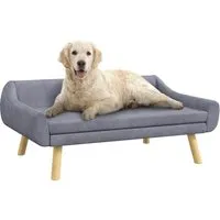 PawHut Haustiersofa mit Holzbeinen - Stylisches Haustierbett aus grauem Samt, inklusive abnehmbarem Kissen für maximalen Komfort. Ideal für mittelgroße Hunde bis 25 kg und passt perfekt in jede Wohnkultur.