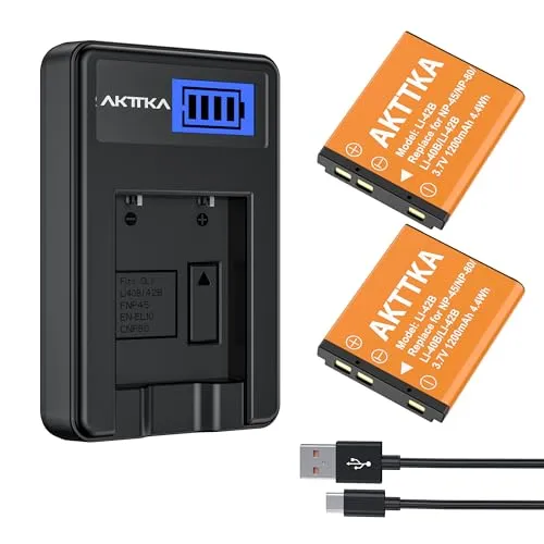 AKTTKA NP-45 NP-45A NP-45B NP-45S kompatibles Batterieset (2×1200mAh) mit 1-Slot-Lader & USB-C-Kabel, geeignet für Olympus Li-40B Li-42B, Nikon EN-EL10, Fujifilm INSTAX Mini 90/FinePix XP20 XP80
