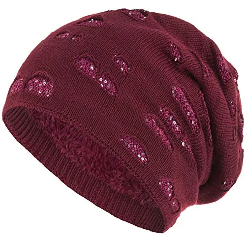 Compagno Mütze Damen Wintermütze mit Pailletten warm gefütterte Beanie Strickmütze Hat Haube Einheitsgröße, Farbe:Dunkelrot