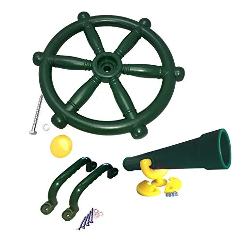 Loggyland Spielturm-Spielzeugset mit Lenkrad und Fernrohr - Schaukeln – 4-teiliges Set mit wetterfestem Steuerrad und Fernrohr, ideal für kreative Spielabenteuer im Freien.