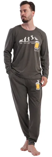 Herren Schlafanzug Pyjama VIENETTA Langarm 100% Baumwolle Bierkrug - Bequemer 2-teiliger Schlafanzug für Herren in Grau mit seitlichen Eingrifftaschen. Ideal für alle Jahreszeiten, aus hochwertiger Baumwolle und pflegeleicht in der Maschine.