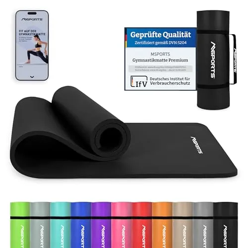 MSports® Gymnastikmatte mit Tragegurt, Poster & Workout App - Sportmatte für Physio und Zuhause, gelenkschonend und ideal als Pilates- und Yogamatte, leicht zu verstauen.
