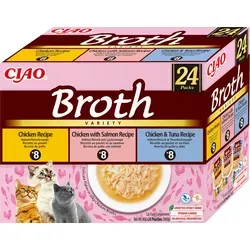 INABA Ciao Broth - Katzenfutter mit Huhn, Lachs & Thunfisch 24x40g - Schmackhafte Ergänzungsnahrung für Katzen. Zarte Fleischstückchen in köstlicher Brühe bieten eine ideale Ergänzung zur täglichen Ernährung.