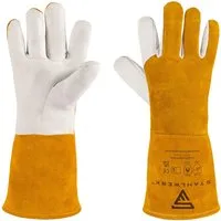 STAHLWERK Schweißerhandschuhe aus Echtleder - hitze- und feuerbeständig - Arbeitshandschuhe aus robustem, hitzebeständigem Rindspaltleder, 34 cm lang für optimalen Schutz bis zum Unterarm – ideal für verschiedene Schweißverfahren.