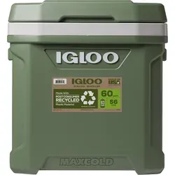 IGLOO Ecocool Latitude 60 Roller Cooler - Green - Kühlbox mit 56 Litern Volumen, aus recyceltem Material, hält Eis bis zu 5 Tage und ist dank großer Räder und faltbarem Griff leicht zu transportieren.