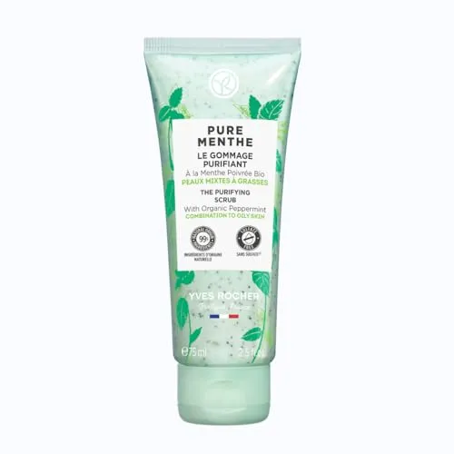 Yves Rocher PURE MENTHE Klärendes Peeling, Gesichtspflege mit Bio-Pfefferminze, für strahlende Haut, 1 x 75 ml Tube