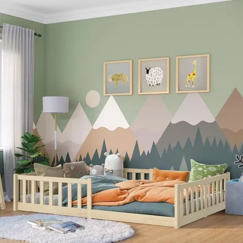 Bellabino Vere Bodenbett 140x200 cm – Montessori Kinderbett mit Rausfallschutz - Kleinkindbett aus massivem Kiefernholz, ideal für sichere Nächte und selbstständiges Ein- und Aussteigen. Perfekt für Jungen und Mädchen.