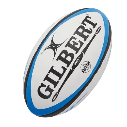 Gilbert Omega Rugby Ball Grösse 5 - weiss/blau - Bälle für den Vereinssport, entspricht World Rugby-Normen. Hochwertiger Gummimantel und handgenähte Konstruktion sorgen für langlebige Leistung und hervorragende Haftung.