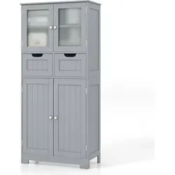 COSTWAY Badschrank mit 2 Schubladen und 4 Türen - Badezimmerschrank mit großem Stauraum, 3-fach verstellbaren Regalen und gehärteten Glastüren für Sicherheit und Langlebigkeit. Ideal für Badezimmer, Küche oder Wohnzimmer.
