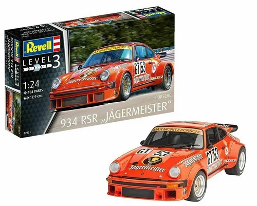 Revell Porsche 934 RSR 1:24 Jägermeister Bausatz - Detailreicher Kunststoffbausatz im Maßstab 1:24 des legendären Porsche 934 RSR, ideal für Modellbau-Liebhaber und Sportwagen-Fans.