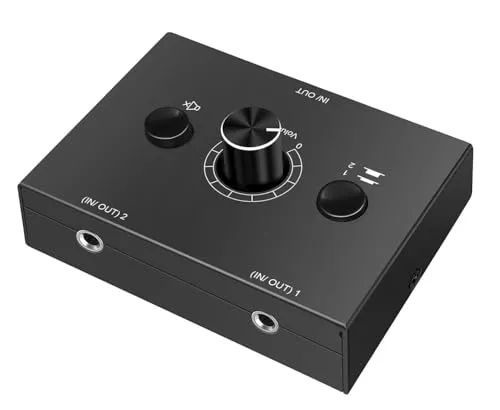 UNSTINCER 3,5mm Audio Switch 2(1)-In-1(2)-Out, Analog Stereo Sound Umschalter mit Volume Knopf Mute Button, a/b Aux Selector Schalter Umschaltung für Radio Phone Lautsprecher Kopfhörer PC
