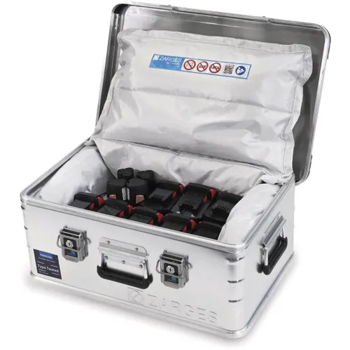 Zarges Akku Storage Box 450x300x150mm - Transportbox für Lithium-Batterien mit maximalem Brandschutz und einfacher Bedienung. Ideal für Handwerk und Privathaushalte – schützt vor Batteriebränden.