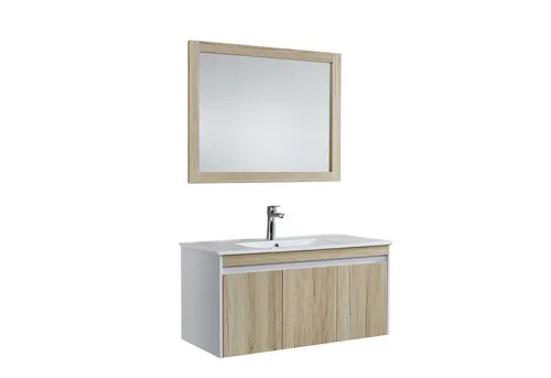 Badmöbel Set Waschtisch, Spiegel, Hängeschrank von HTI-Living - Elegantes 3-teiliges Badmöbel Set in Weiß und Eiche, ideal für stilvolle Badezimmer. Mit 3 Türen und 2 Regalfächern bietet es praktischen Stauraum.