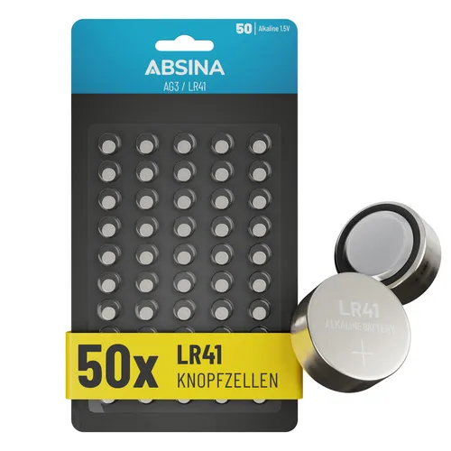 ABSINA 50x AG3 LR41 Knopfzelle 1,5V Alkaline - Knopfzellen Batterien Batterie