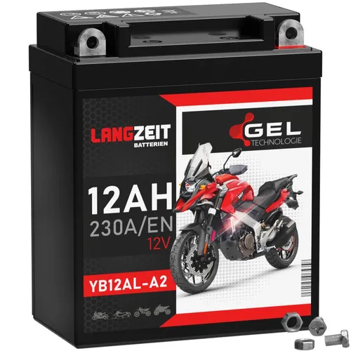 Langzeit YB12AL-A2 GEL Motorradbatterie 12Ah 12V 230A - Wartungsfreie GEL Motorrad-Batterie mit 12Ah Kapazität, ideal für Reiseenduros und Straßenmotorräder. Rüttelfest und langlebig für zuverlässige Leistung.