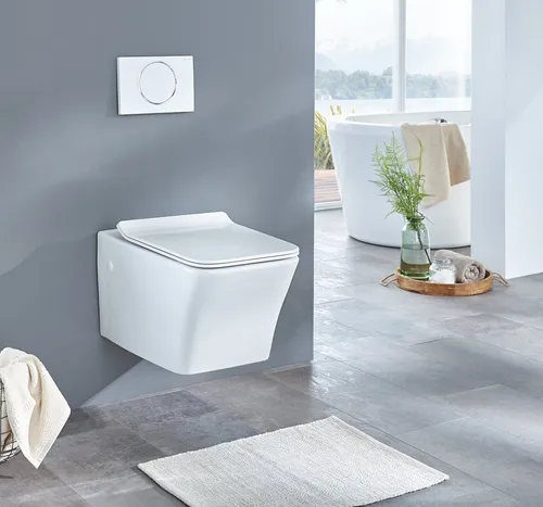 welltime Tiefspül-WC Trento eckig, wandhängend, Abgang waagerecht, Spülrandloses Tiefspül-WC, inkl. ToilettenSitz mit Softclose.