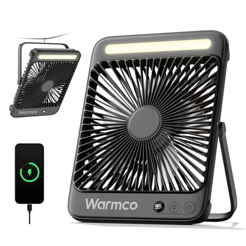 Warmco 20000mAh Camping Ventilator mit Lampe – Ultra-Leise & Tragbar - Vielseitiger 20000 mAh Akku-Ventilator mit 15-48 Std. Laufzeit und LED-Lampe. Ideal für Outdoor, Reisen und Büro. Leicht und kompakt, perfekt für enge Räume und Camping. Smart Display zeigt Akkustand an.