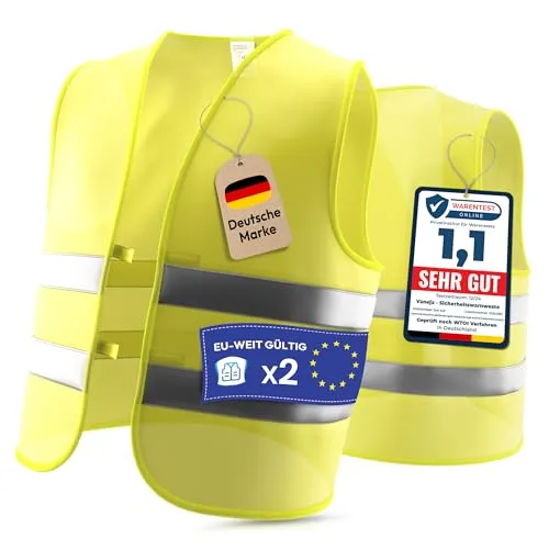 VANEJA Warnwesten Auto 2er Set – Europaweit gültig nach Norm 2025 EN ISO 20471 – Reflektierende Kfz Warnweste – Warnschutzweste für Erwachsene – High Visibility Vest