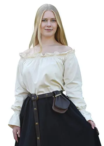 Battle-Merchant Mittelalter Langarm Carmenbluse aus Baumwolle für Damen | schulterfreie langärmlige Boho Bluse S-XXL | Halloween Karneval Kostüm (Natur, XL)