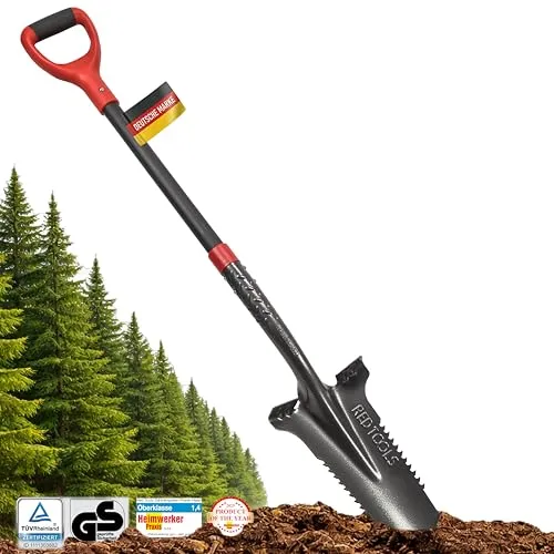 Red Tools Gärtnerspaten Power Head mit Wurzelsäge - Gartenspaten mit 115 cm Länge, ideal für steinige Böden. Integrierte Wurzelsäge und Trittkante für effizientes Arbeiten und weniger Kraftaufwand.