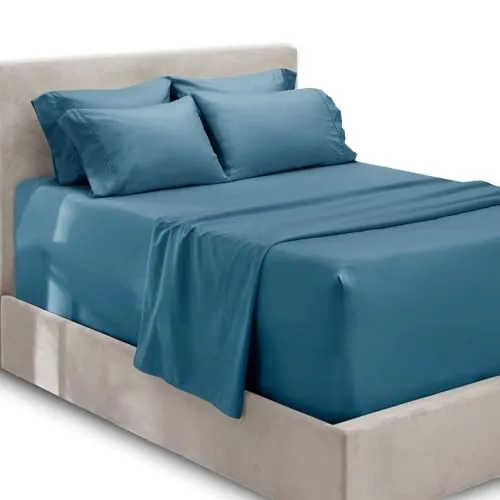 Hearth & Harbor 6 Piece Bed Sheet Set Extra Deep Pocket, Fits Mattress from 18-24 inces Depth, Queen, Blue Heaven