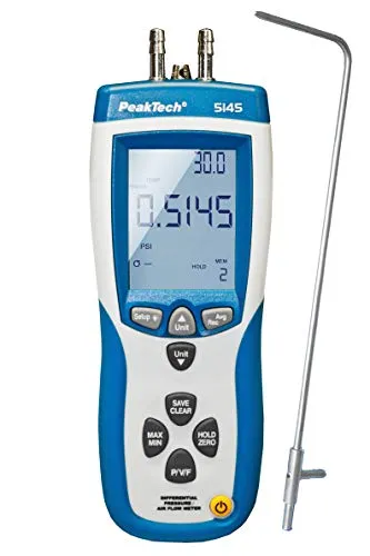 PEAKTECH 5145 - Differenzdruckmessgerät - 2 in 1 Messgerät für Druckdifferenz und Luftgeschwindigkeit, ideal für Klimatechnik und Wartung, mit USB-Schnittstelle zur Datenprotokollierung und umfangreichem Zubehör.