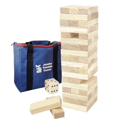 Jac & Mok Wackelturm Tumble Tower Spiel Holz Toppling Blocks Spielzeug mit Tragetasche (Jumbo Tumble Tower (54 Stück) mit Würfeln)