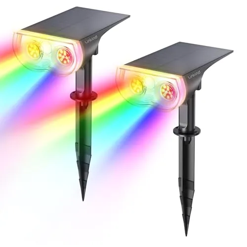 Linkind Bunt Solarlampen für Außen, RGB+Weiß Solar Strahler Garten mit 10 Lichtmodi, Solar Außenleuchte 2 in 1 Montage, Dusk to Dawn IP65 Solarleuchte StarRay für Bäume, Vorgarten, Hof, 2 Stück